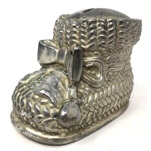 Vintage Leonard Silver Plate Coin Bank Baby Nursery Boot Bow Antique Baby gift